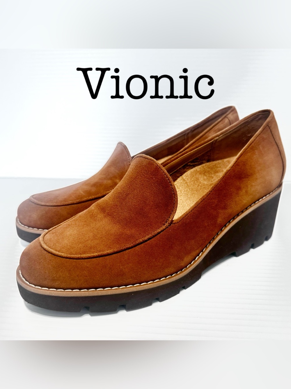 Vionic Ava Tan Suede Wedge Mules Size 9